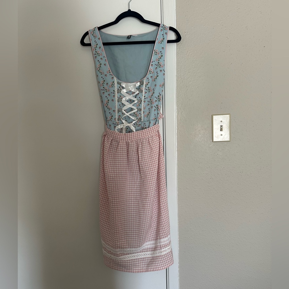 Corset floral Blue milkmaid dress with pink apron